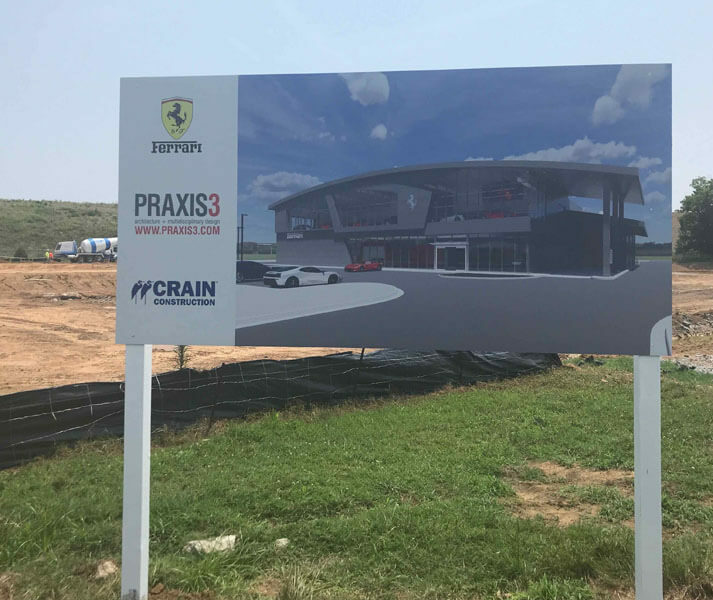 Sign Announcing Ferrari Dealership to be built by Crain Construction