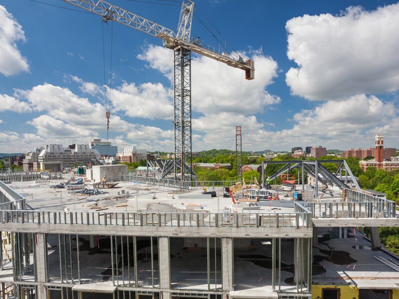 Crain Construction Aertson under construction with scaffolding and crains