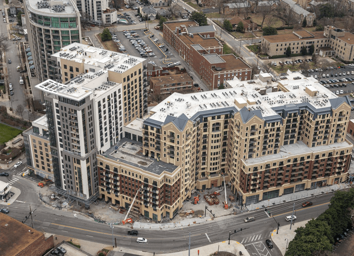 A flyover view of Hilton Hotel in midtown nashville
