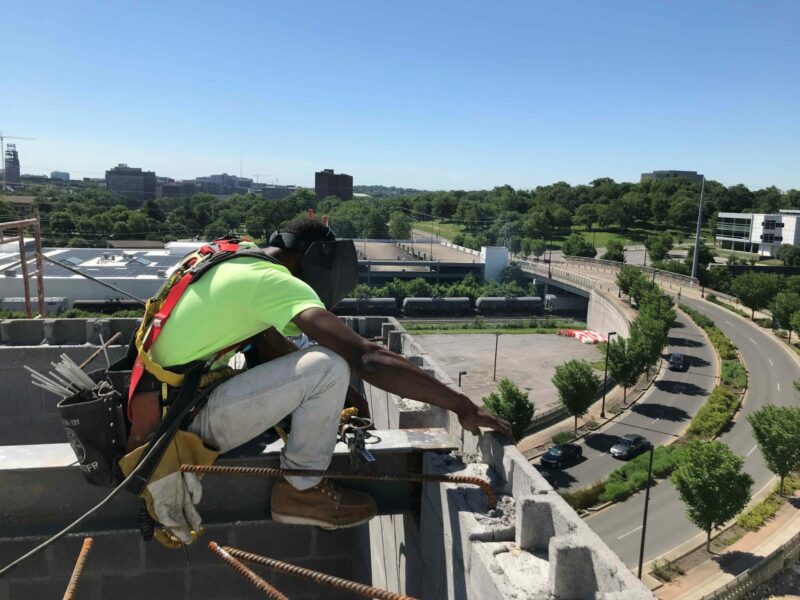 Crain construction worker on scaffolding at the element hotel job site