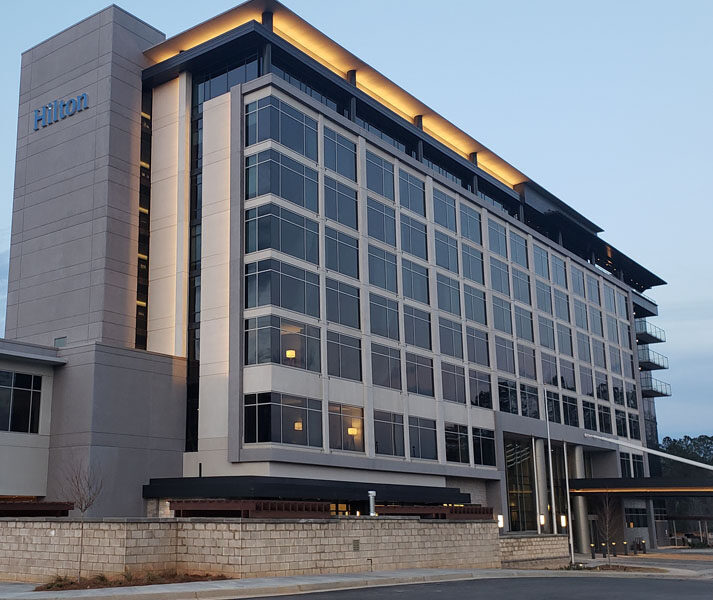 the outside of a modern hotel in Alpharetta Georgia