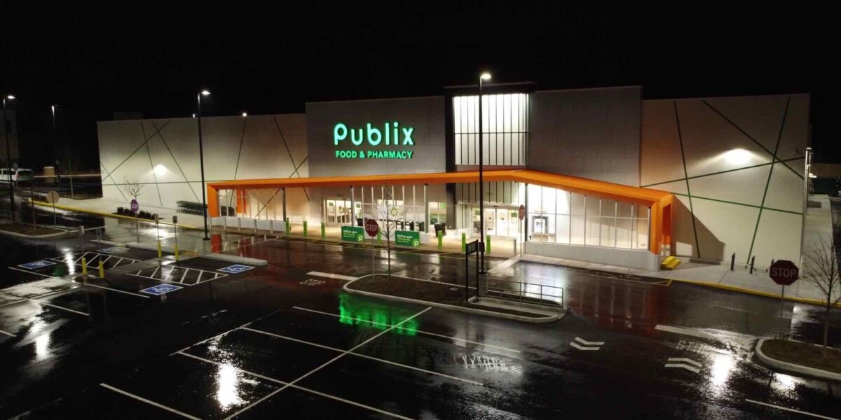 Publix Greenwood lit up at night
