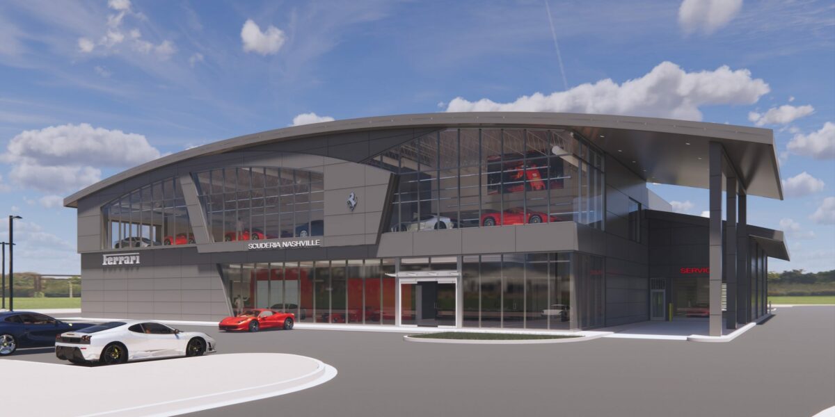 Rendering of a Ferrari Dealership on a cloudy day