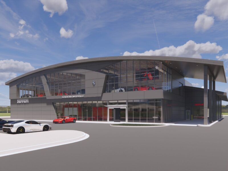 Rendering of a Ferrari Dealership on a cloudy day