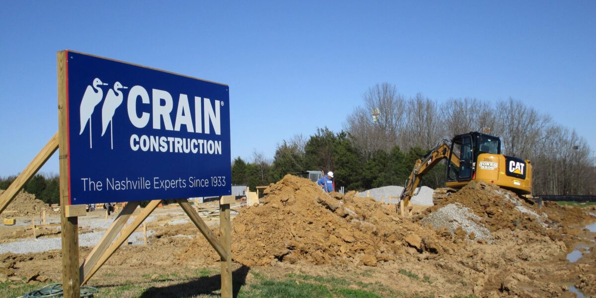 Crain Sign in front of a pile of dirt at a construction site