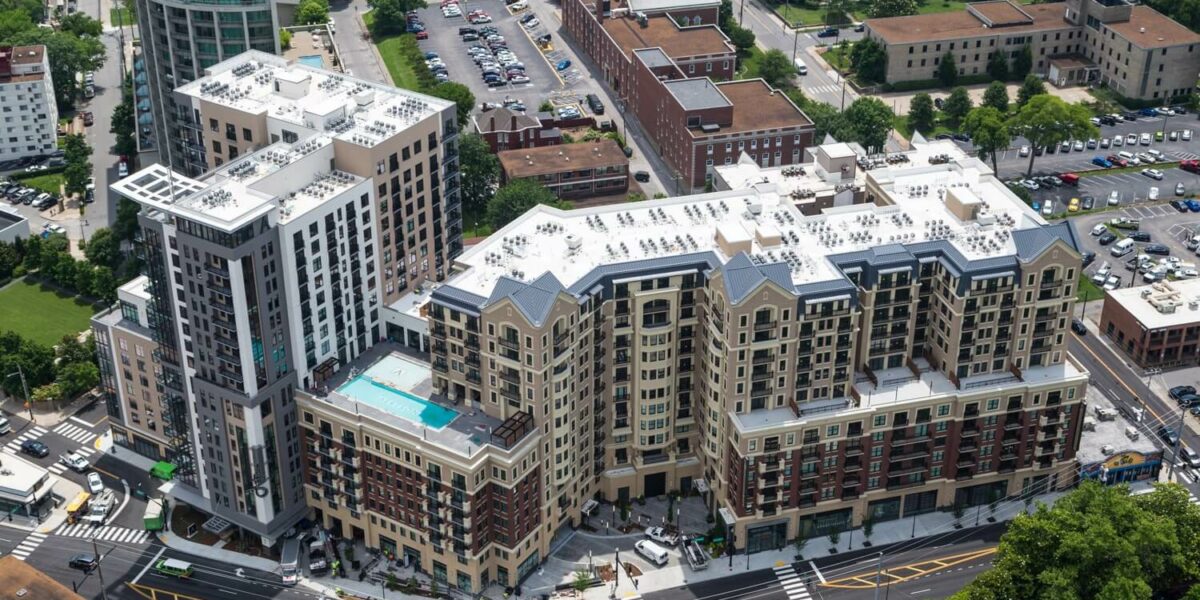 An aerial view of the Aertson and surrounding buildings on the west side of downtown Nashville.
