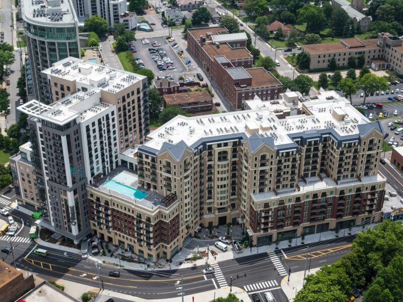 An aerial view of the Aertson and surrounding buildings on the west side of downtown Nashville.